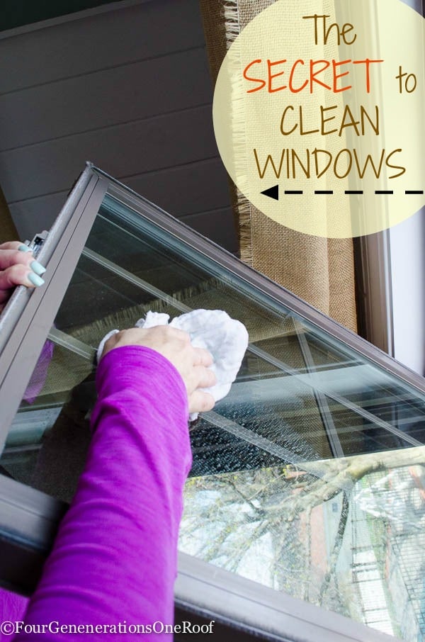 girl in purple shirt cleaning windows with vinegar and diaper cloth no streaks 