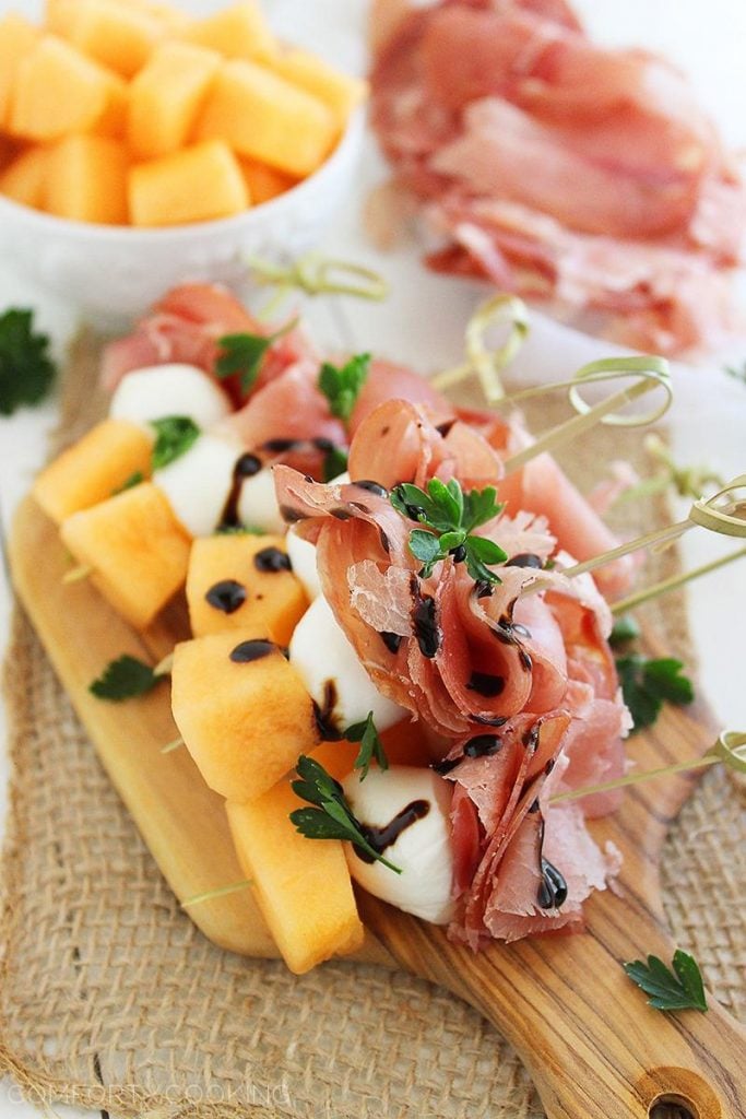 Melon Proscuitto Mozzarella Skewers amazing appetizer recipes 