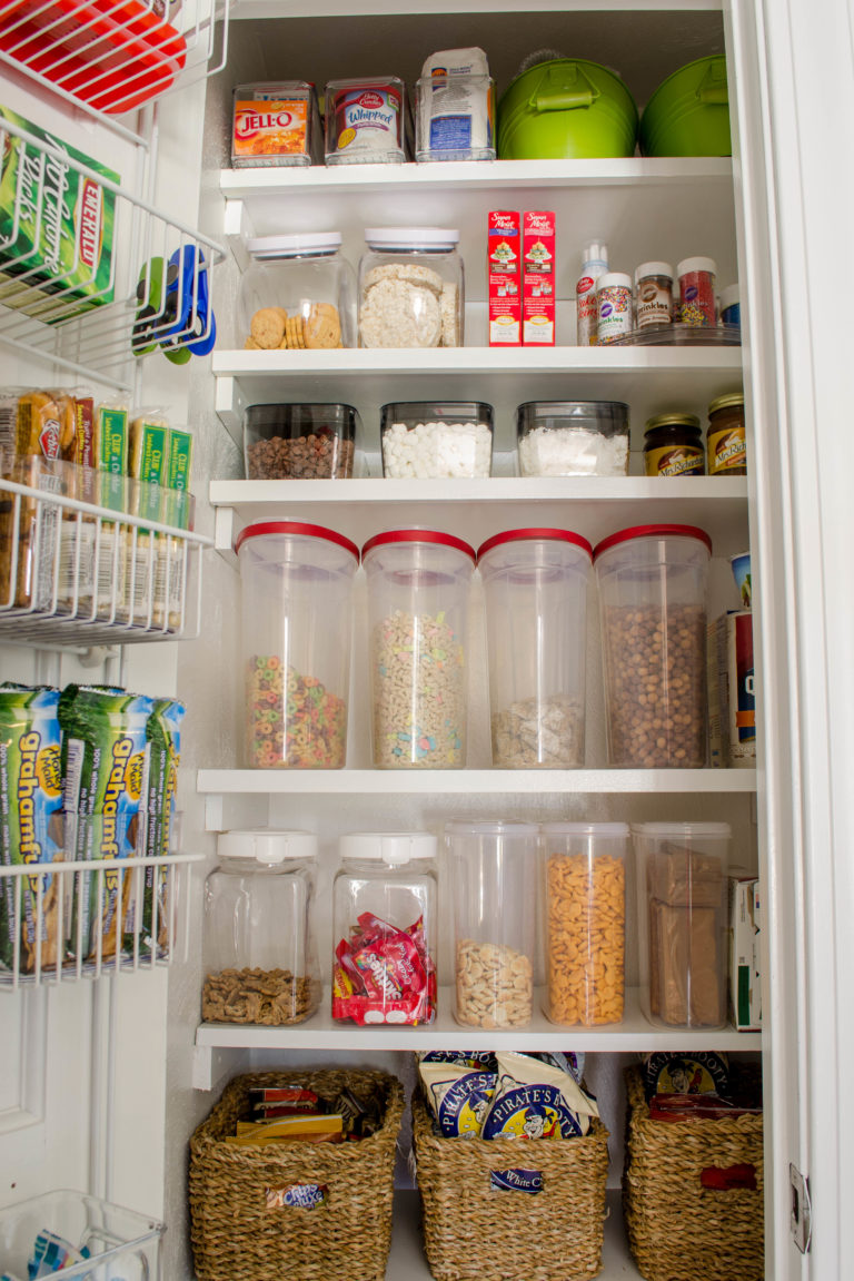 Small Kitchen Closet Pantry with Shelves and Food Storage Bins for Cereal, Snacks, baking items | Coat Closet turned Kitchen food pantry