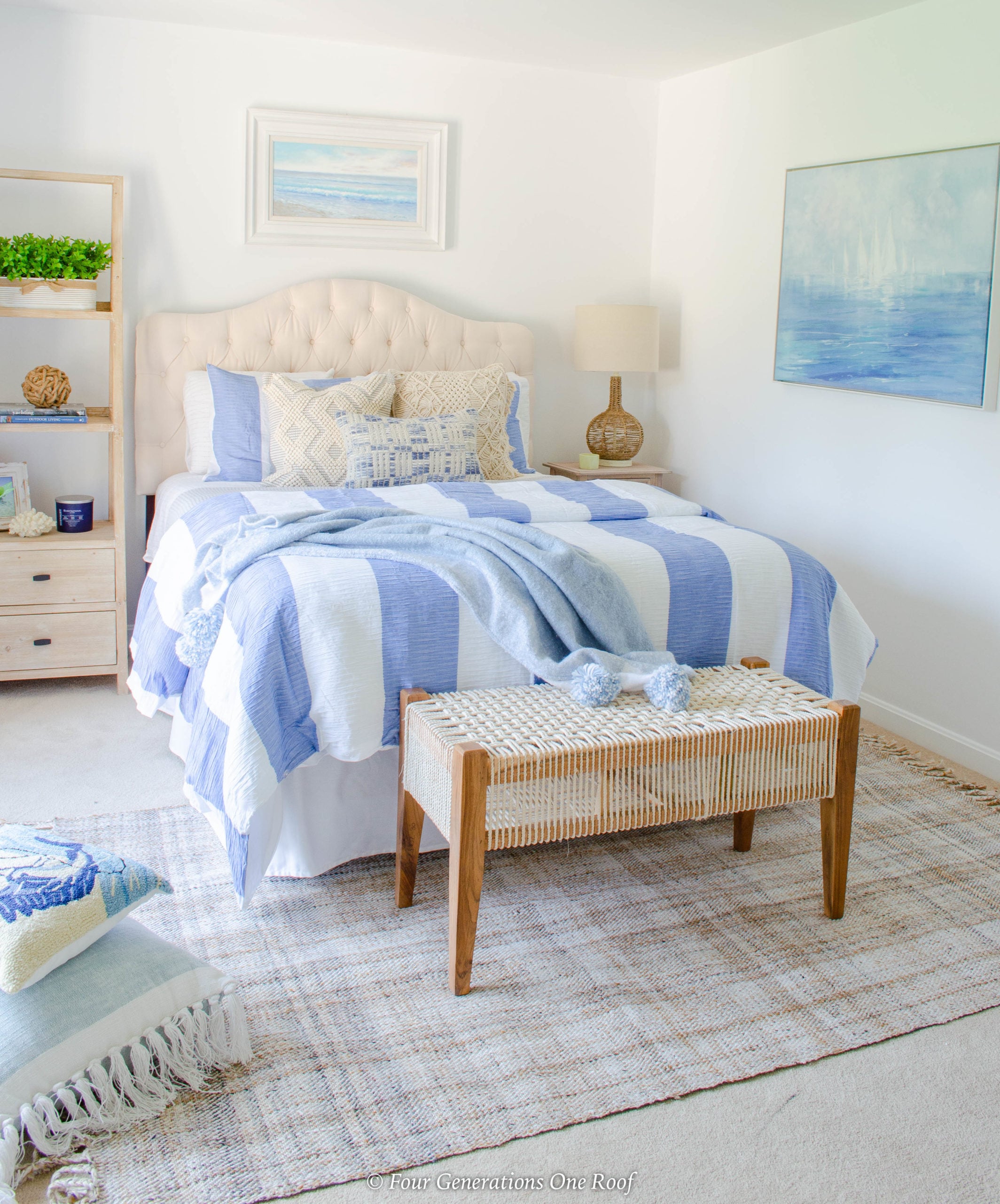blue striped bedding coastal bedroom