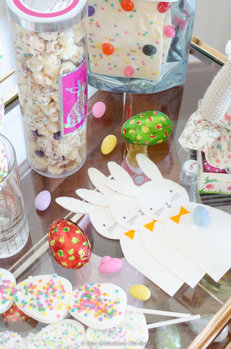 Easter bunny napkins, Easter candy on bar cart