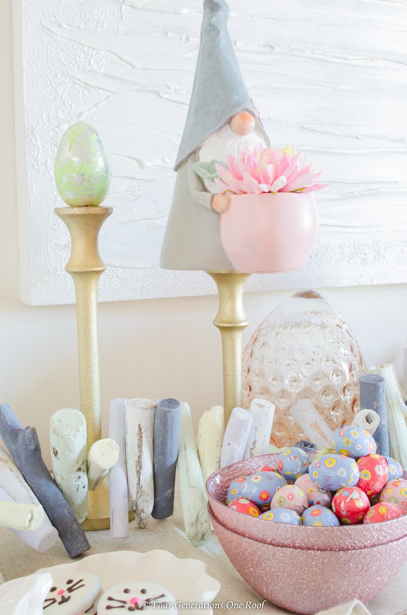 gold candlesticks, Easter gnomes, rose gold glitter bowl, Easter candy, coastal wood garland