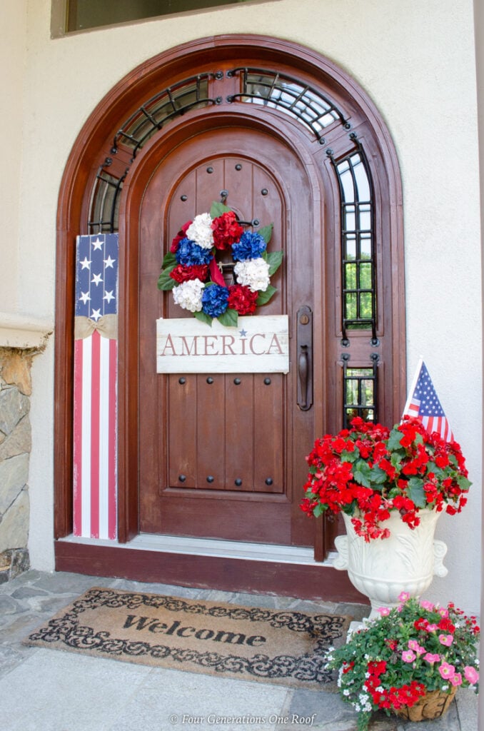 4th of July brown arched front door wreath, flag, America