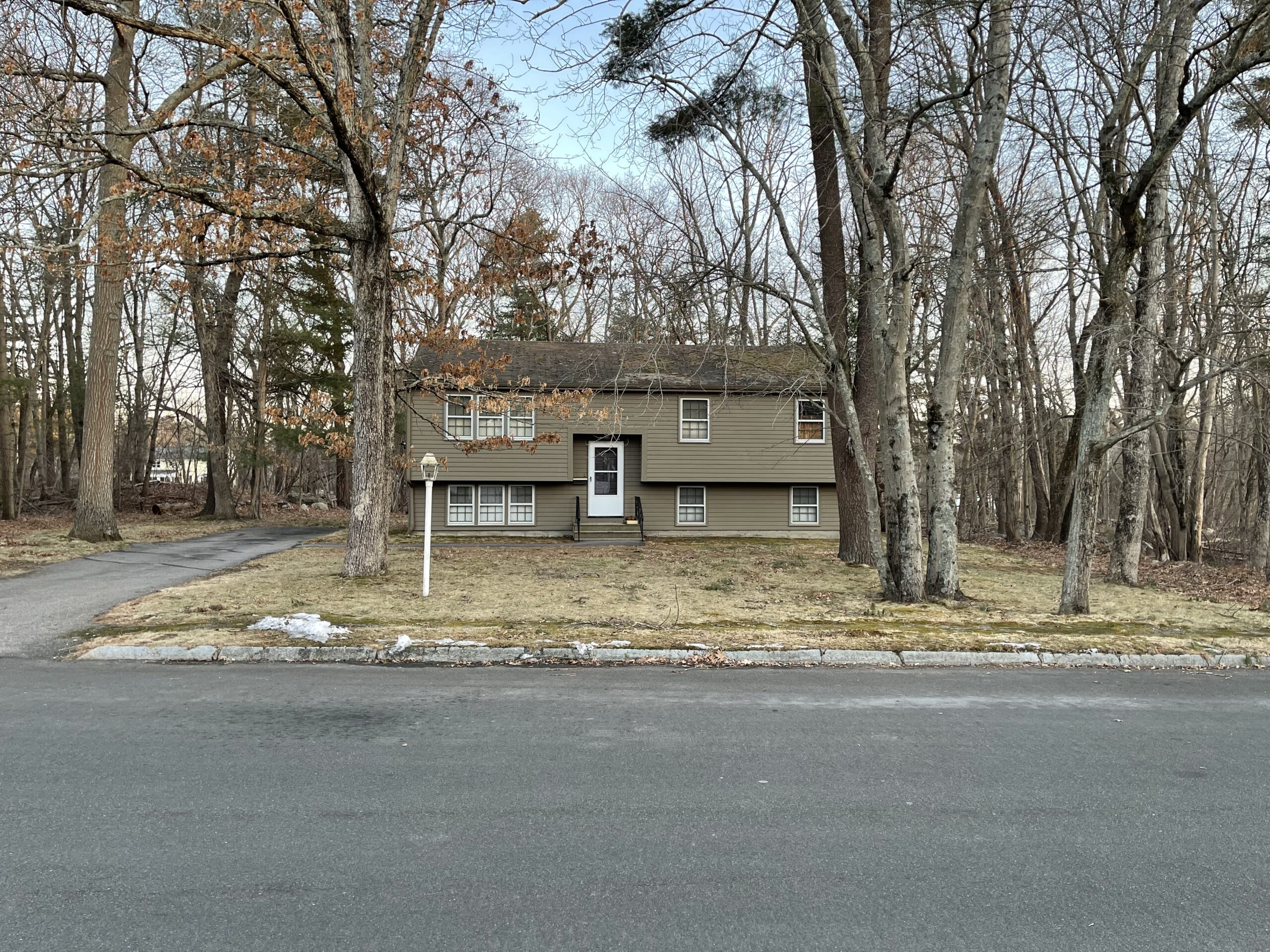 brown 1970 split level home with white door