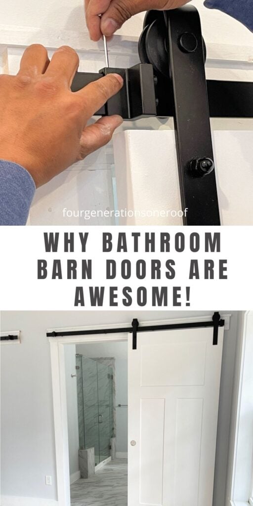 barn door to bathroom with black sliding door hardware