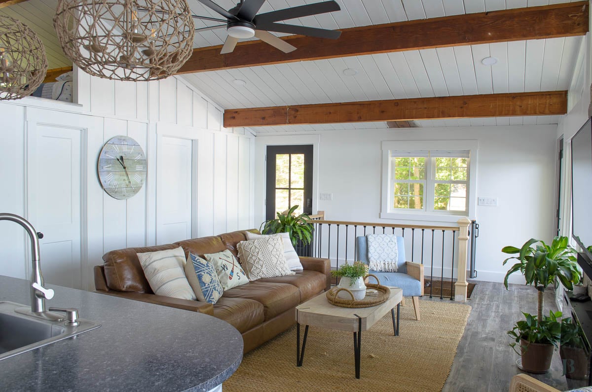 best lake house Airbnb vacation rental in New Hampshire with fully equipped kitchen and open living room overlooking water