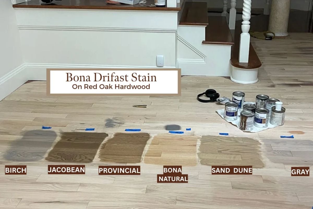 Bona DriFast stain color comparisons on sanded red oak floor