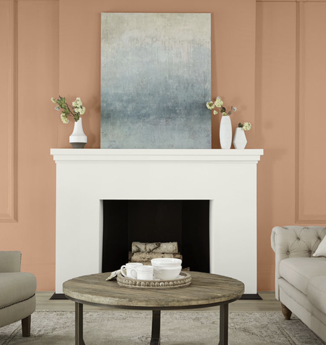 Behr polar bear white fireplace and Behr Nairobi Dusk on the walls