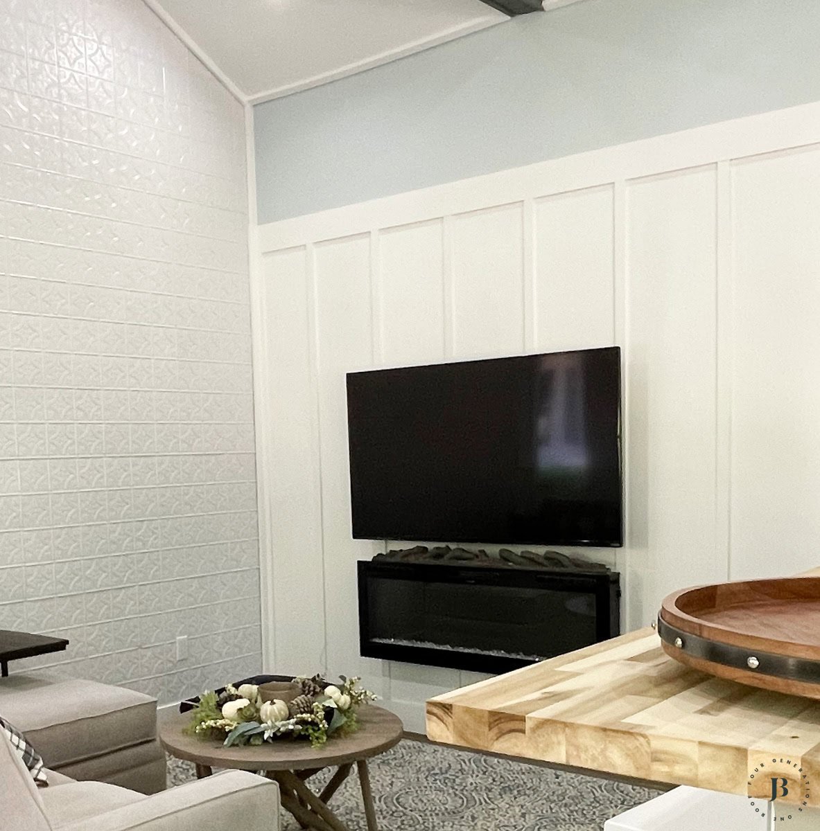 Behr Polar Bear - 75 white paint color on a board and batten wall with coordinating blue paint