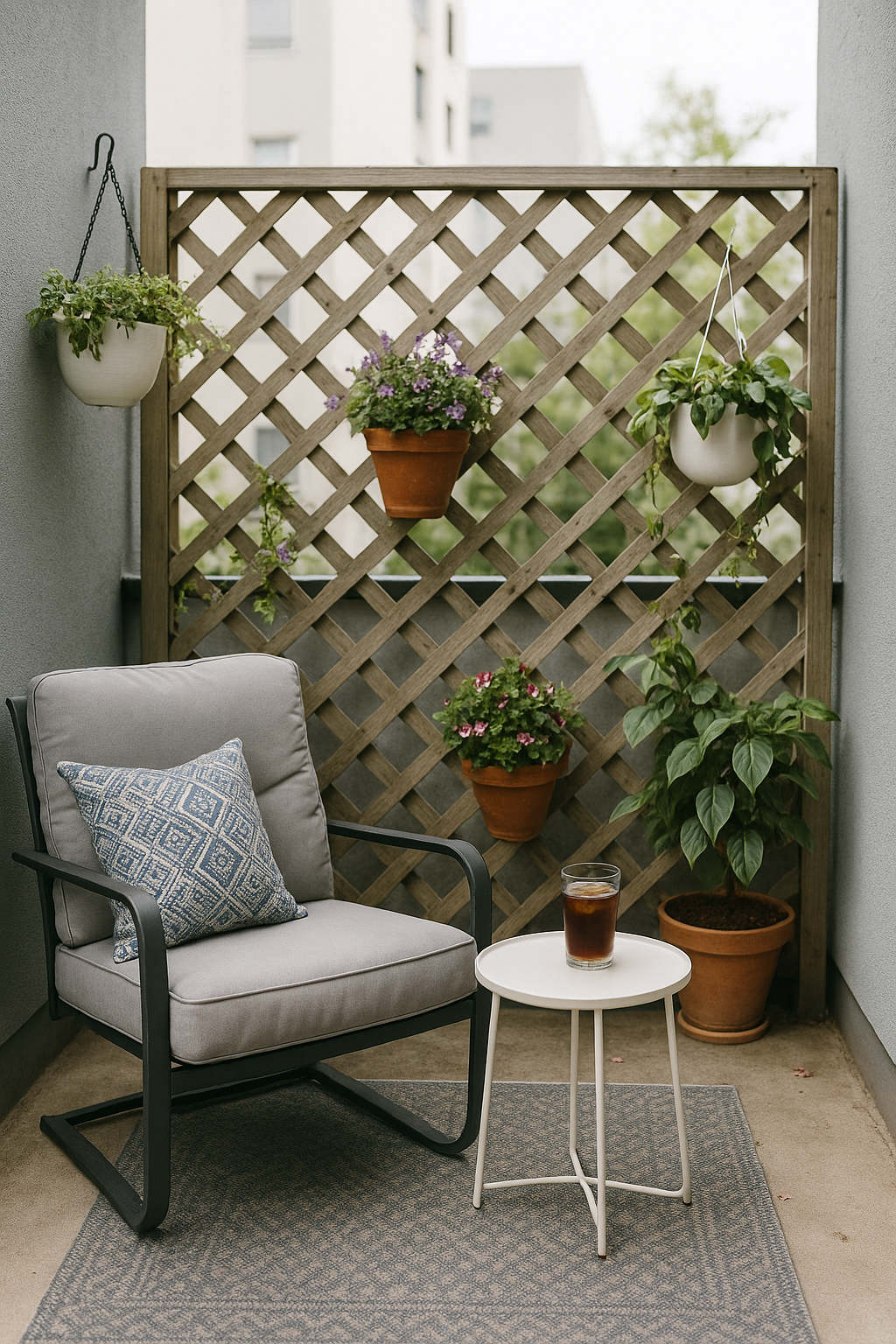 small city apartment with lattice screen blocking neighbors with hanging potted plants