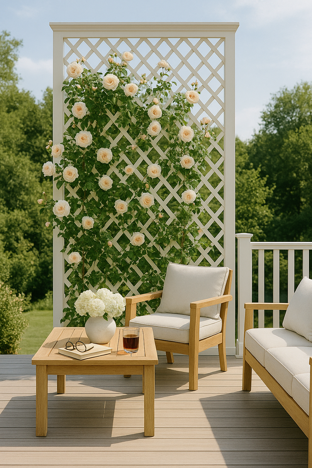 vertical lattice privacy screen with climbing roses on a patio