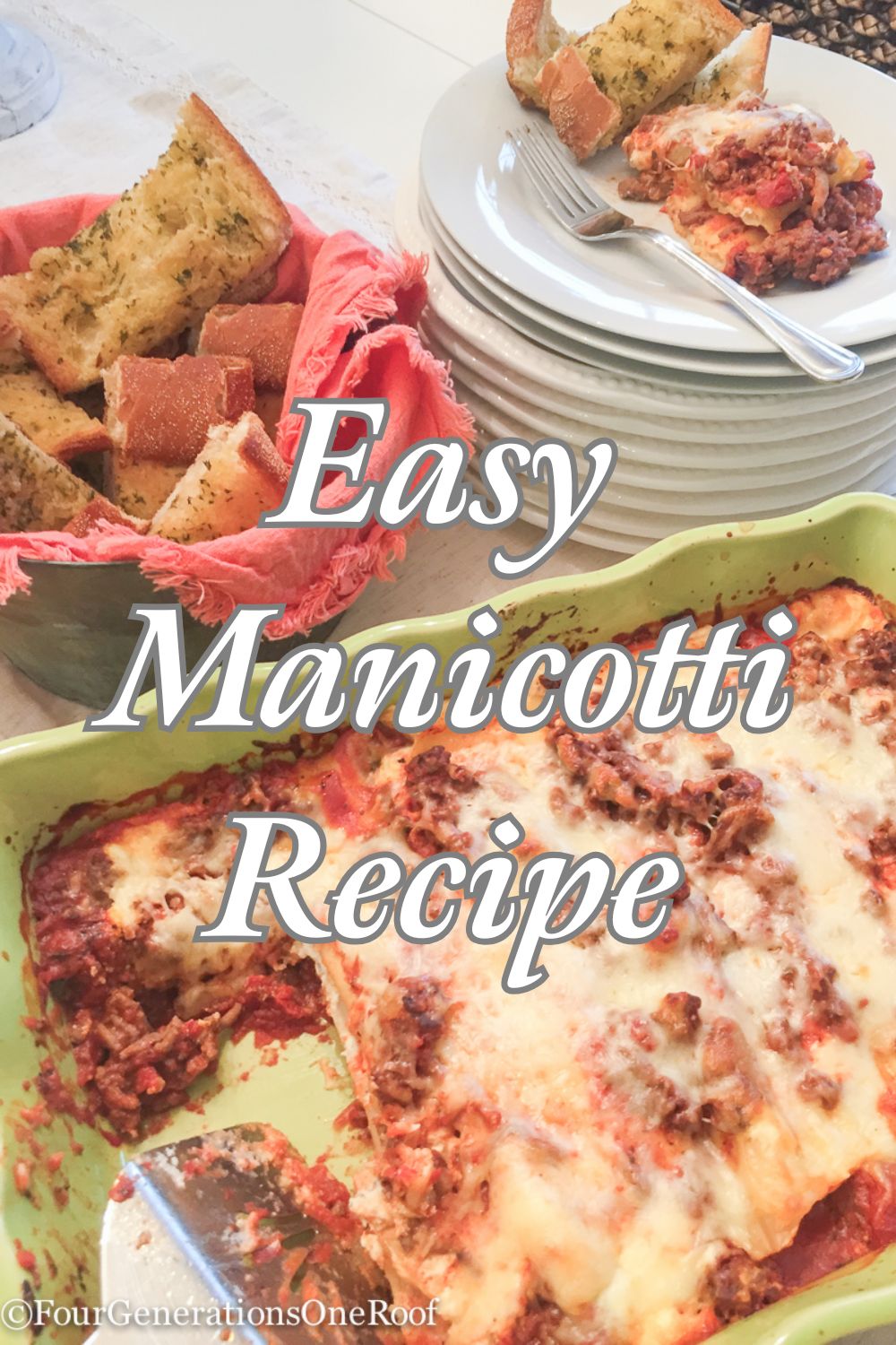 baked manicotti in a pan being served on white plates with garlic bread