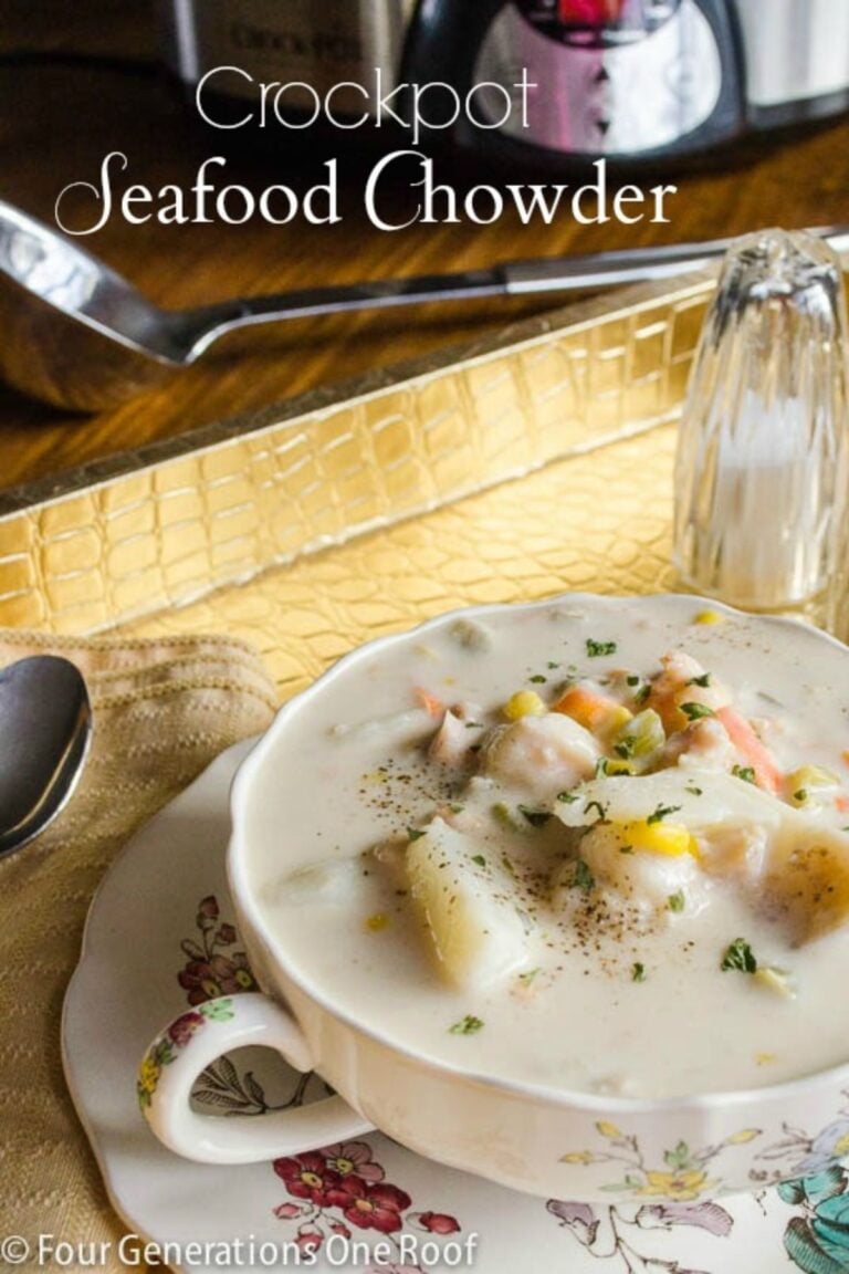 Crockpot Seafood Chowder title graphic over a bowl of creamy chowder with shrimp, corn, and potatoes in a floral china bowl