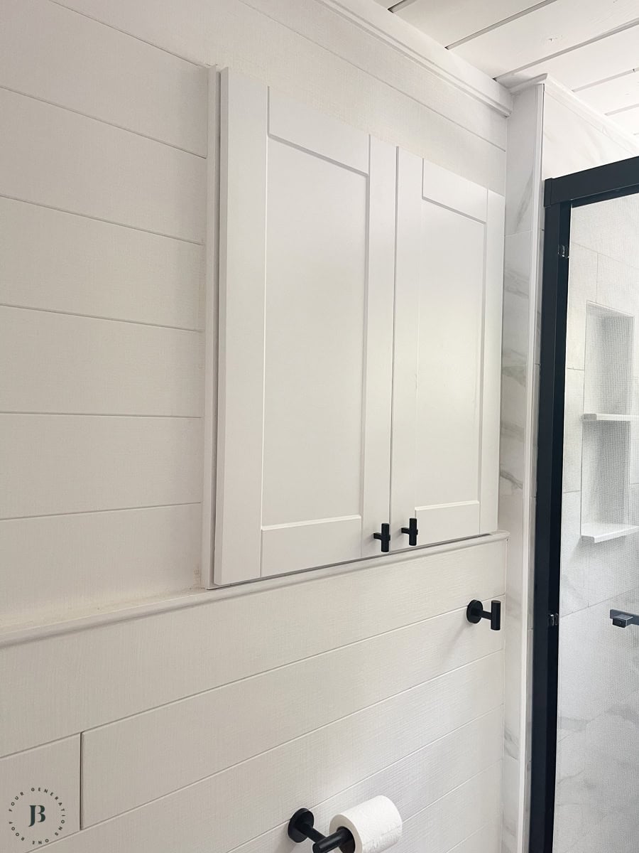 diy built in storage cabinet in a bathroom with "kitchen upper cabinet"