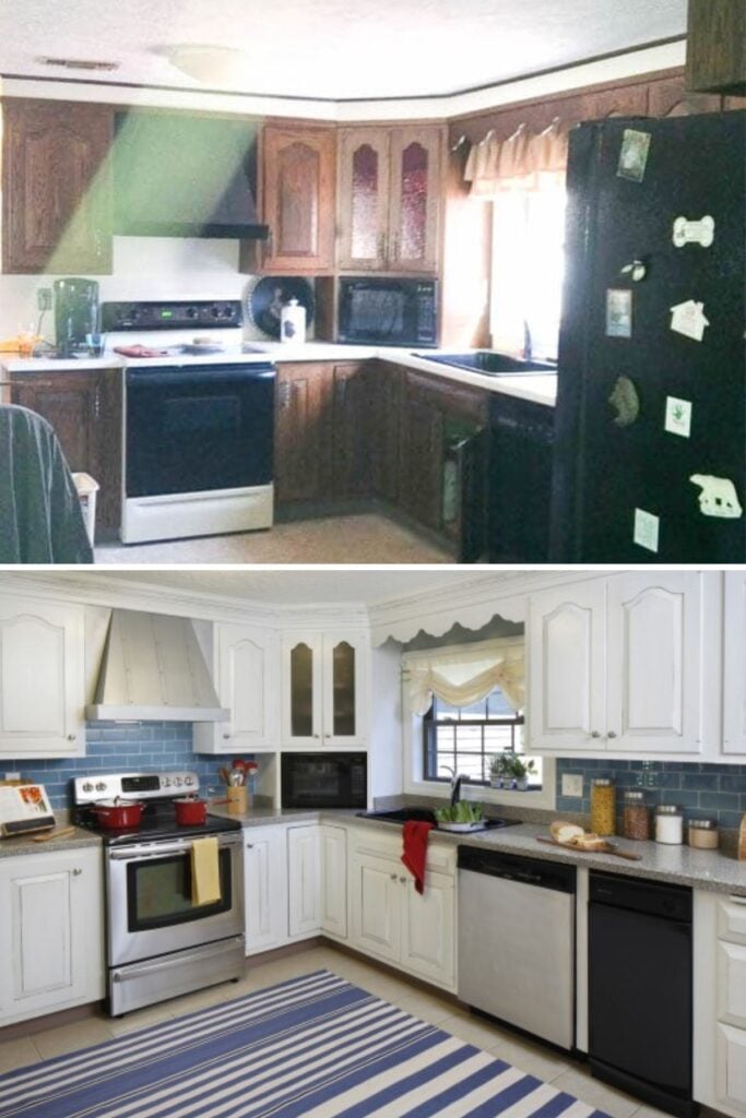 70s kitchen transformation showing new tile flooring and recessed lighting installation