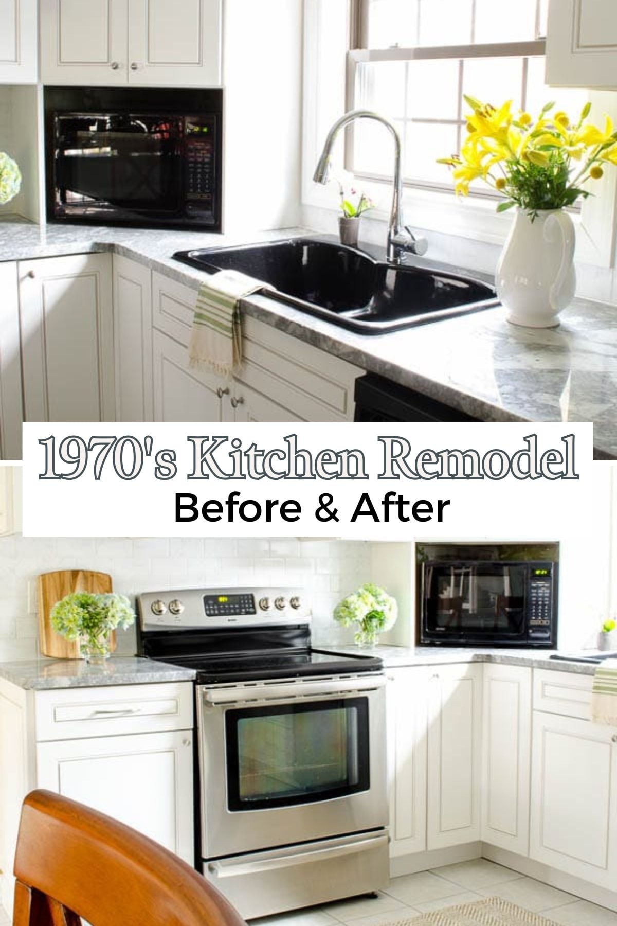 Before and after kitchen renovation ideas featuring farmhouse sink and organization drawers in renovated 70s kitchen