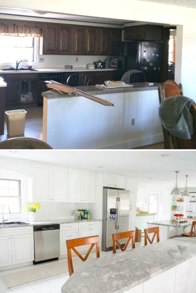 1970s kitchen remodel before and after revealing white shaker cabinets with Super White quartzite counters