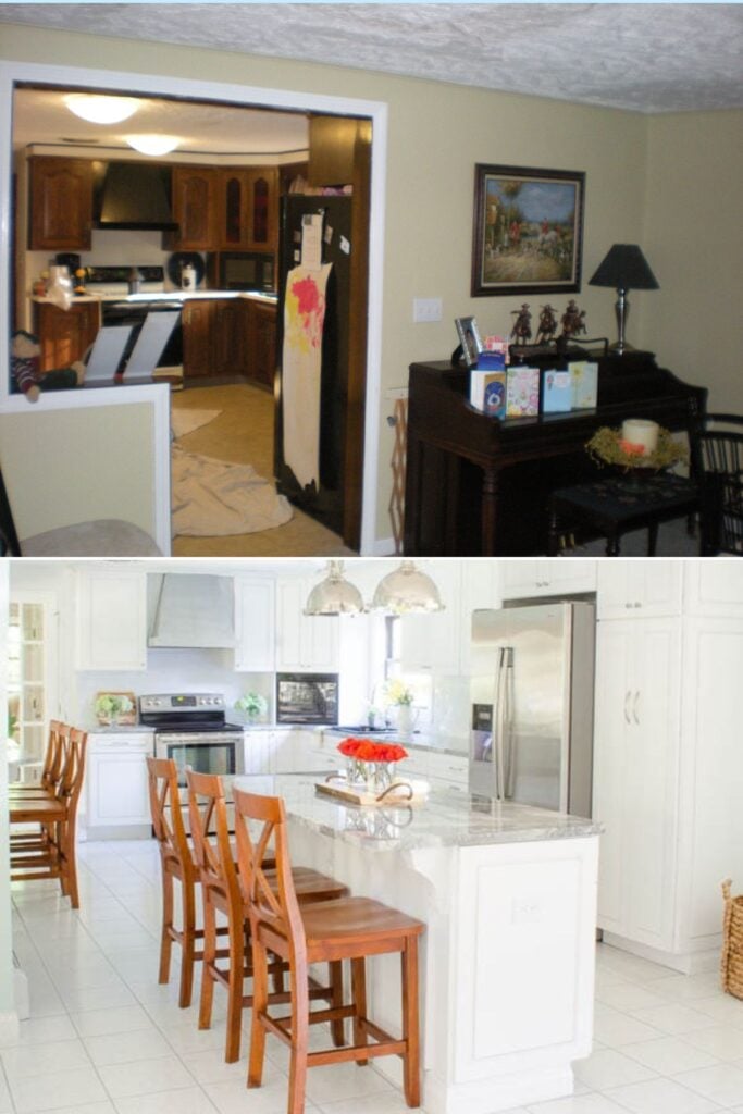Complete 1970s kitchen remodel before and after transformation showing dramatic change from dark to bright space