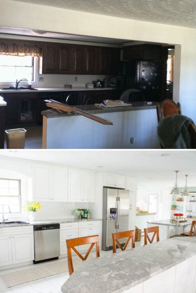 70s kitchen renovation before and after with white cabinets and quartzite countertops replacing brown vintage cabinets