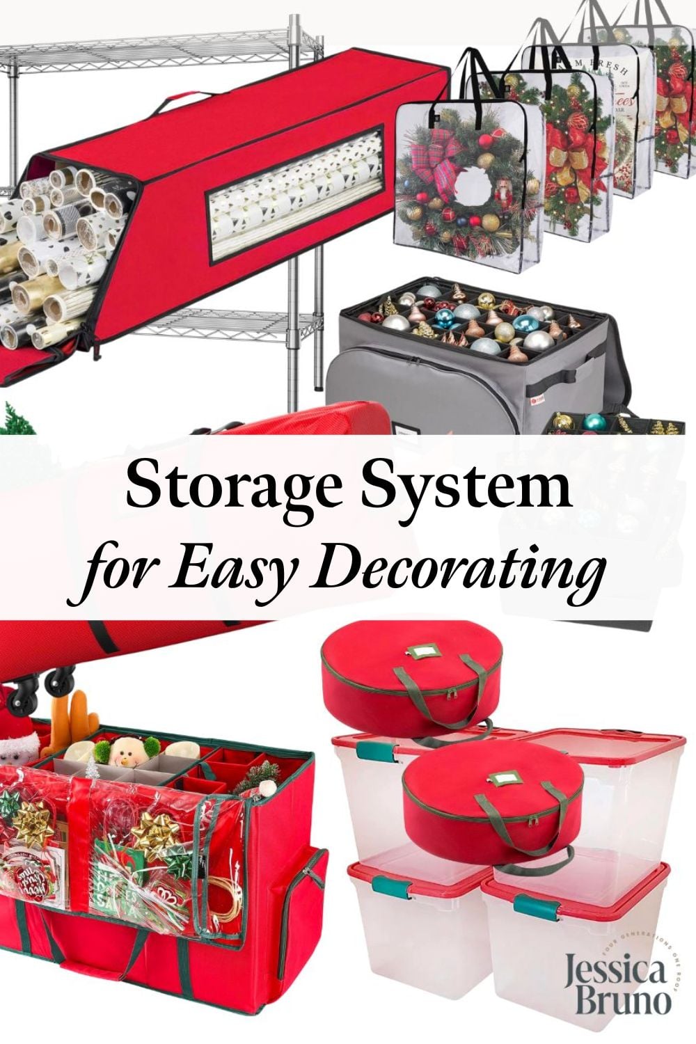 Organized Christmas storage with rolling tree bag, clear bins, and labeled containers