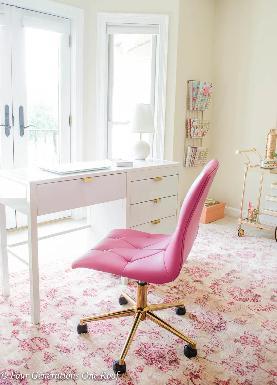 White and gold desk with soft close drawers and built-in filing system in feminine home office