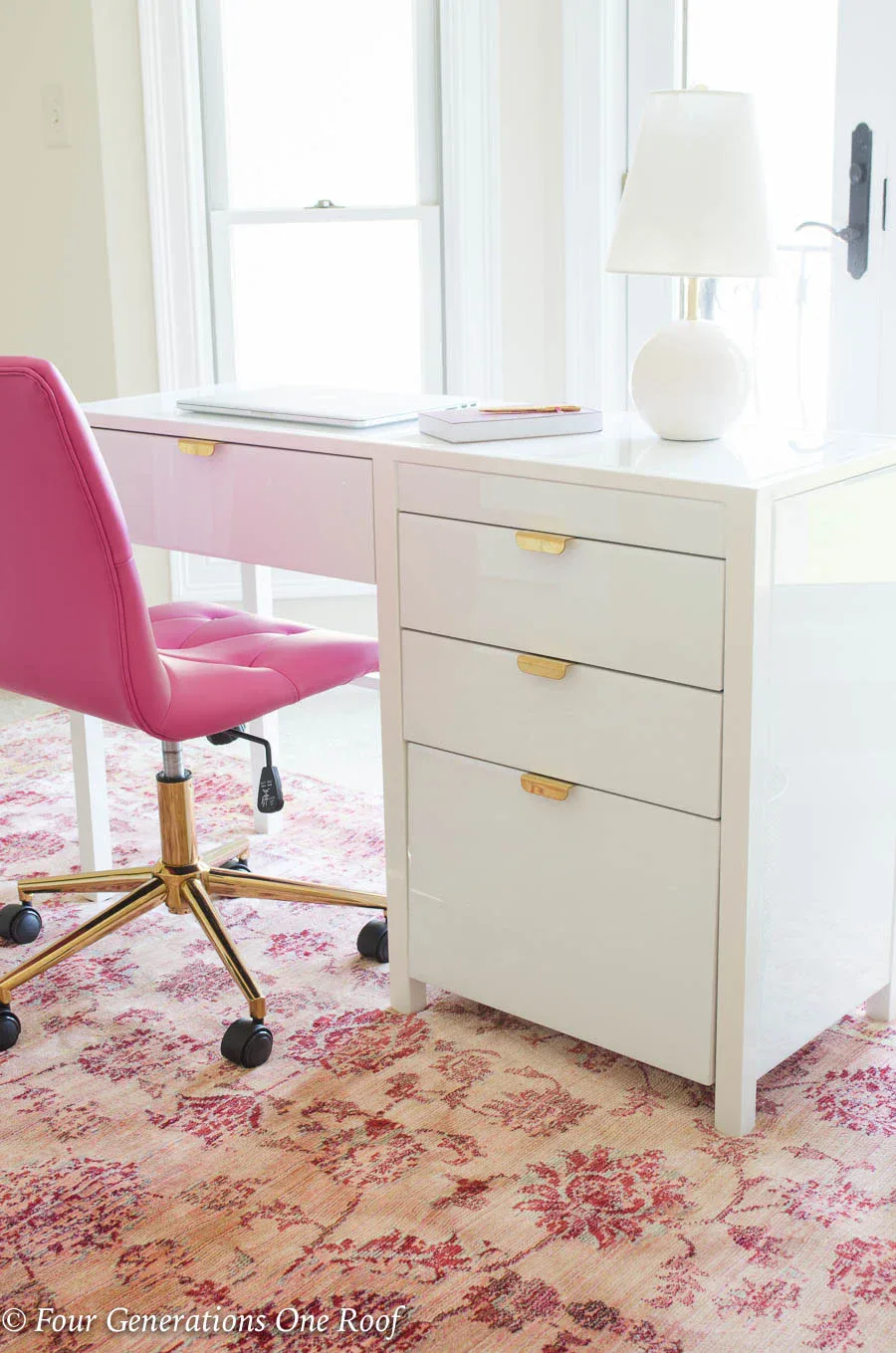 White and gold desk with soft close drawers and built-in filing system in feminine home office