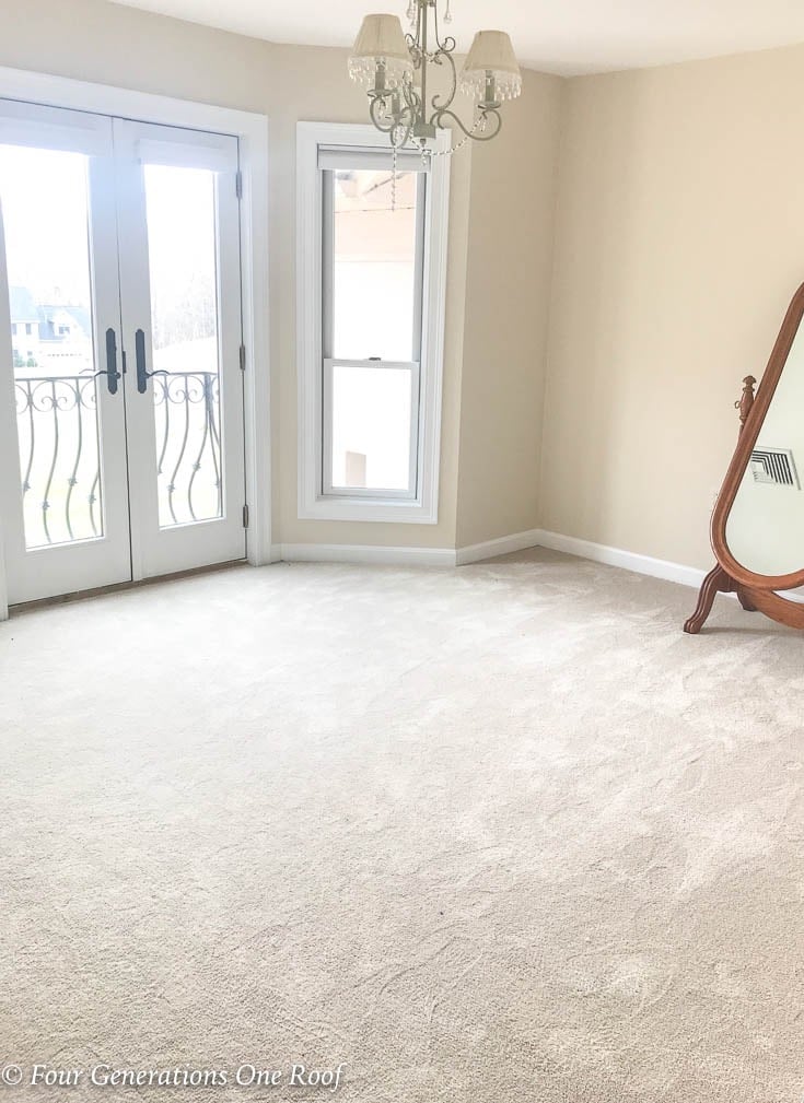 Before photo of home office empty before pink and gold feminine makeover