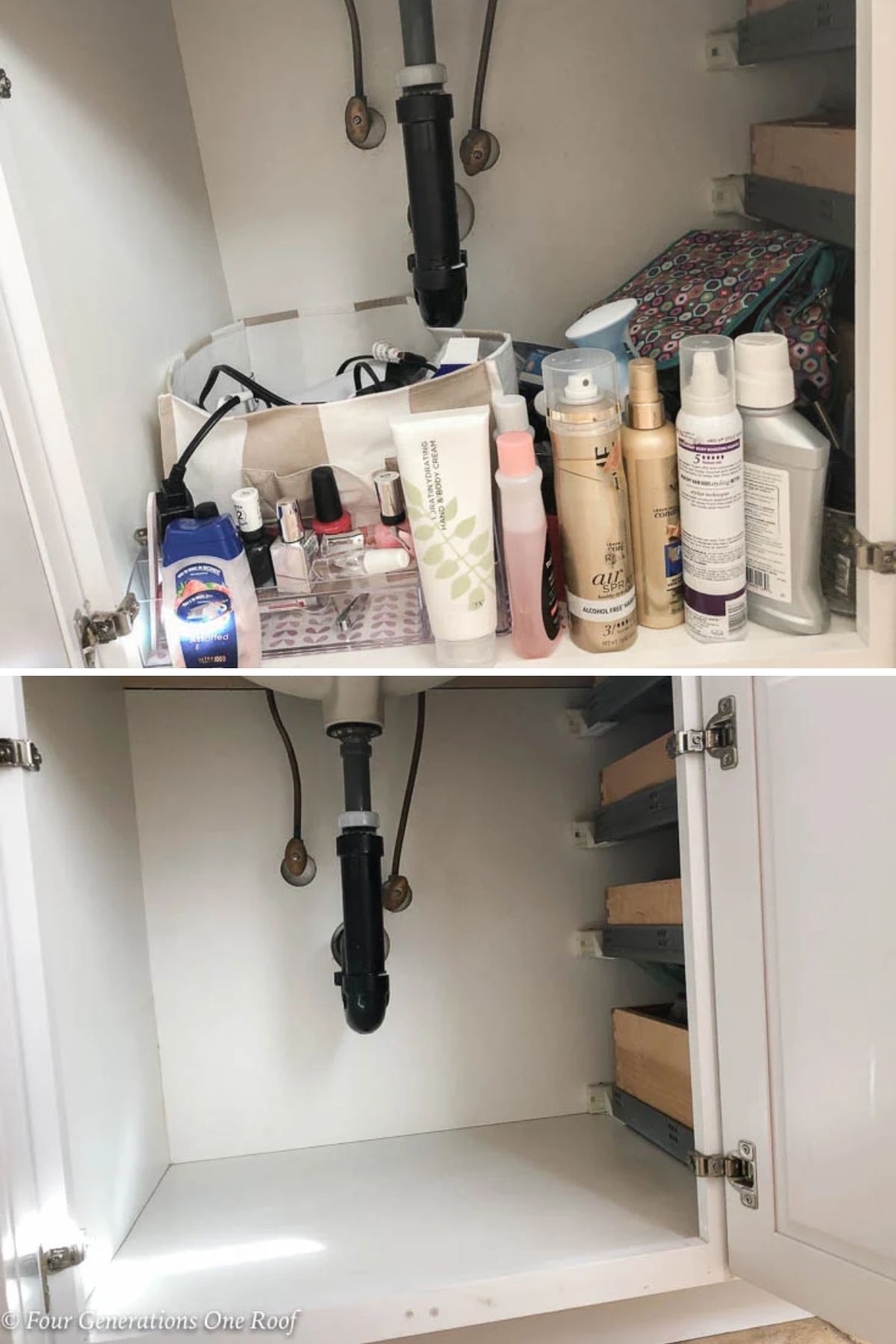 bathroom toiletries unorganized under bathroom sink empty white bathroom cabinet with black plumbing pipe under a bathroom sink collage