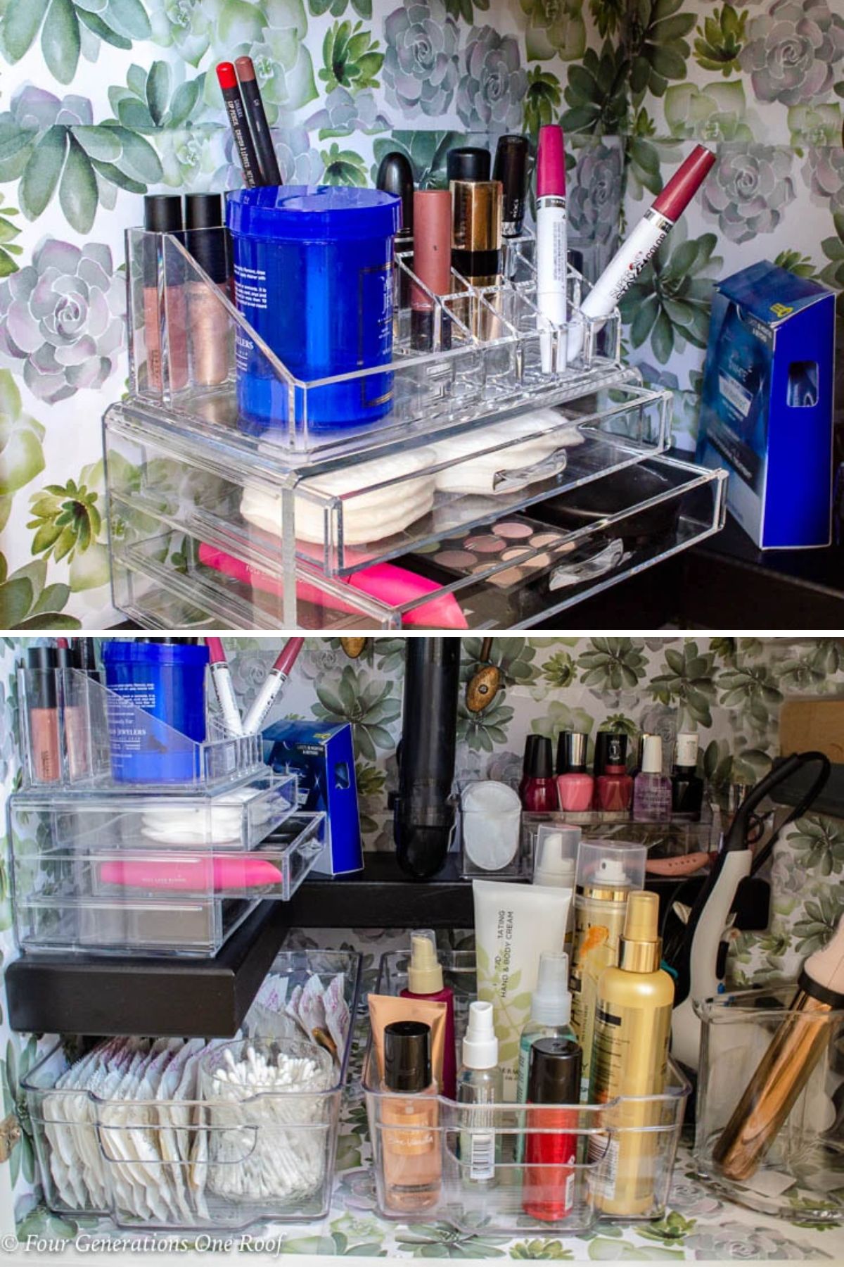 Pretty organized under bathroom sink with black DIY premade shelf + flower wallpaper - drawer liners + acrylic makeup and toiletry organizers 
