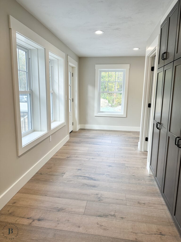benjamin moore pale oak paint color with brown kitchen pantry cabinets