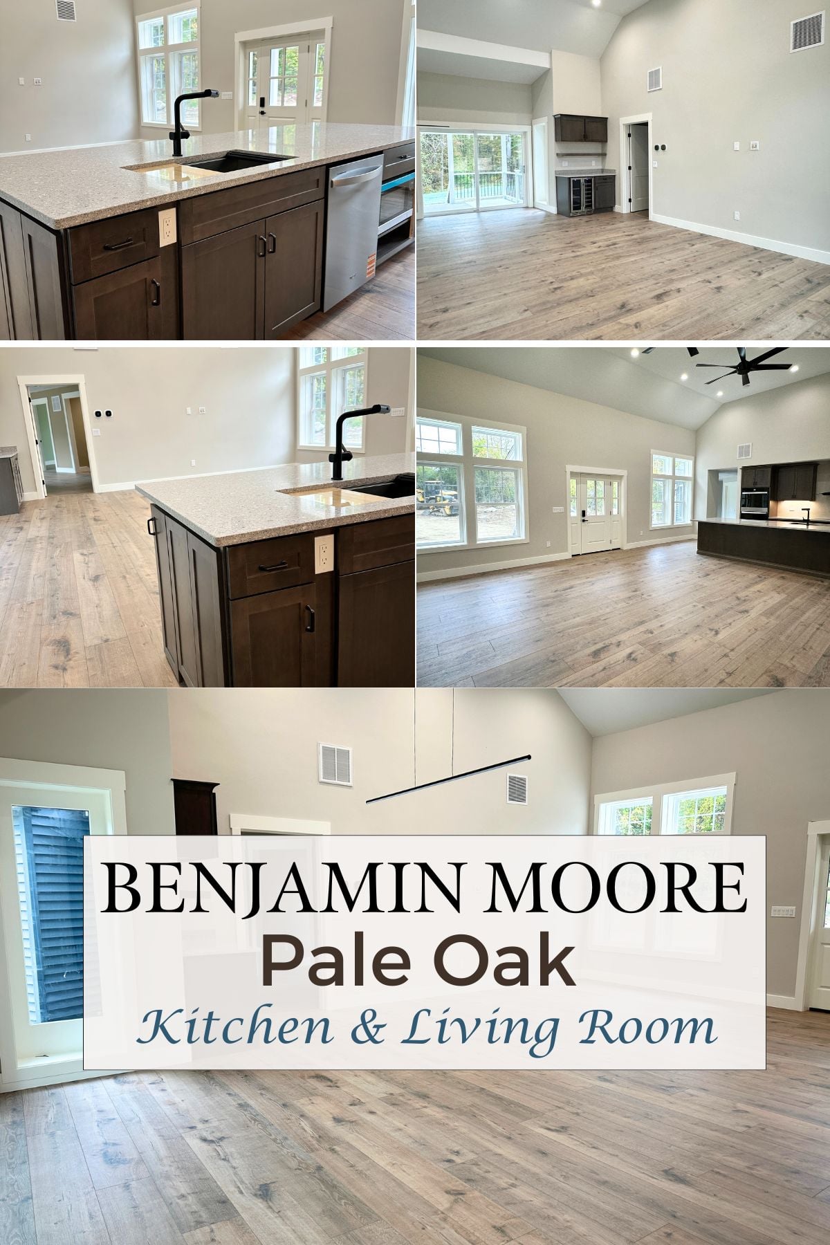 benjamin moore pale oak wall color in a shared kitchen and living room with dark kitchen cabinets and brown oak plank hardwood floors 