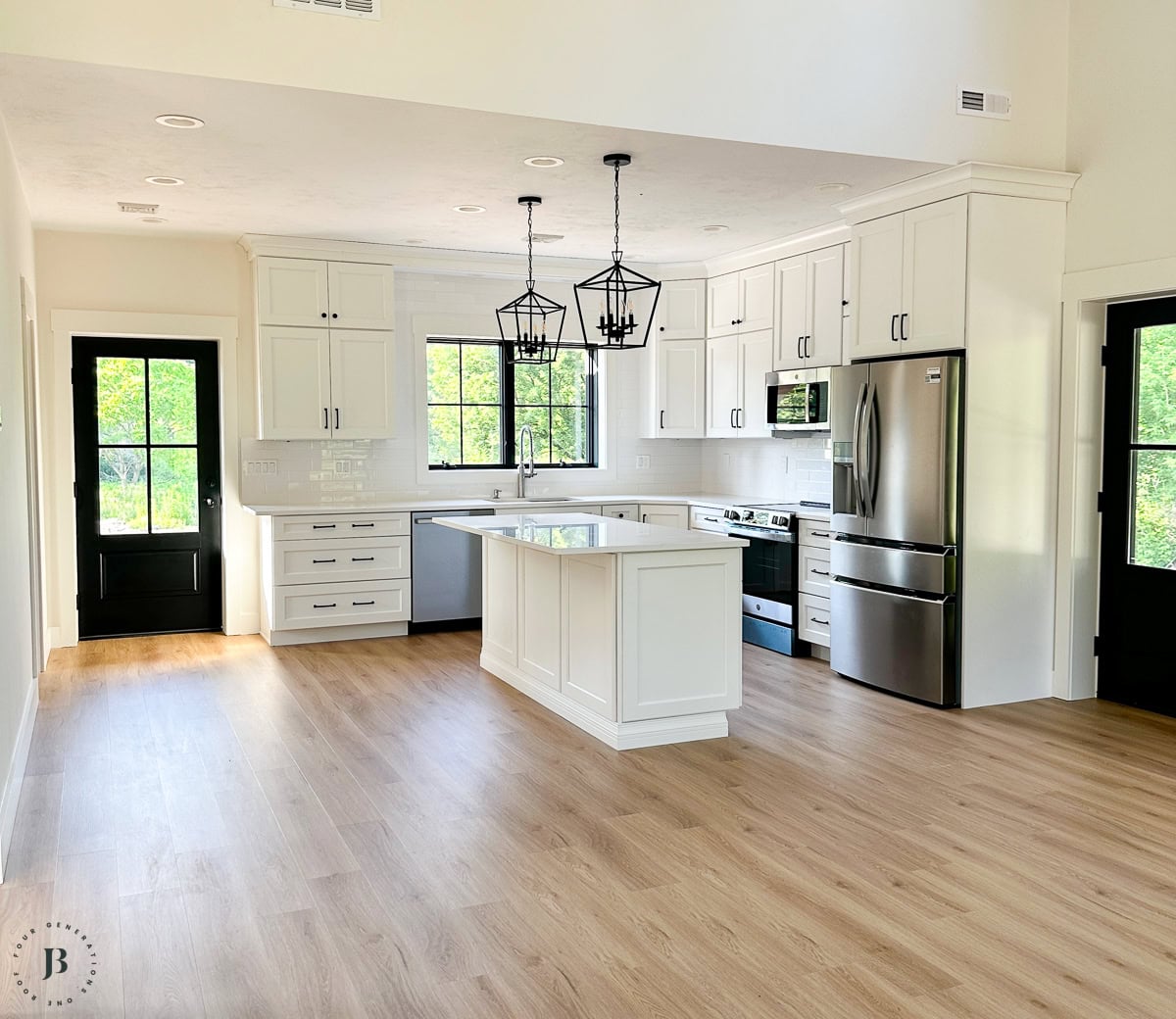 Finished 900 sq ft multigenerational ADU, real small ADU floor plan ideas in action - living room and kitchen