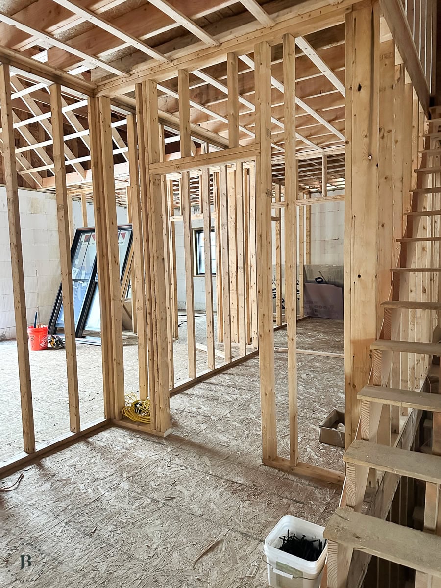interior framing showing the open one level layout with 9 foot ceilings