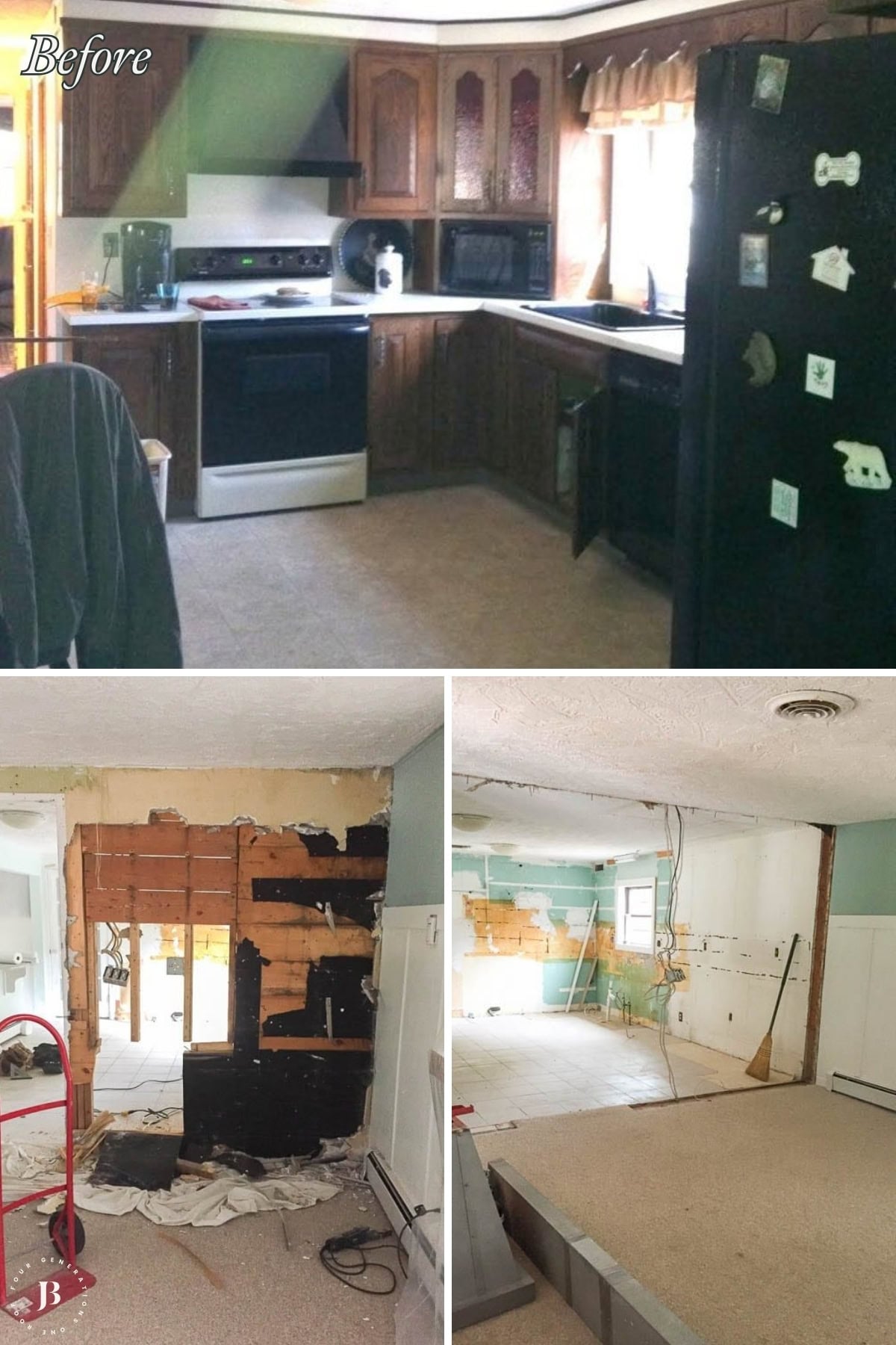 1970s kitchen before the remodel, closed off from the dining room by a wall