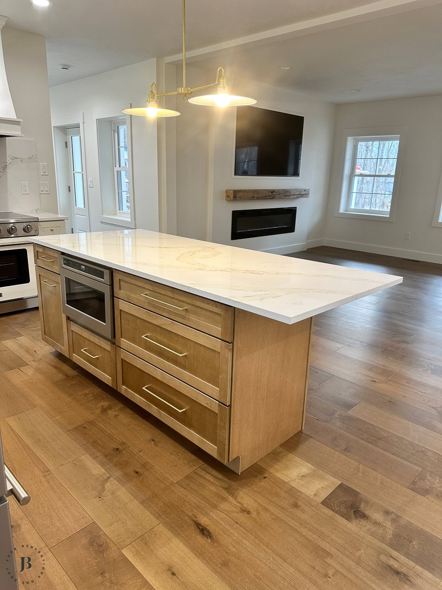 Kitchen island with the microwave built in, instead of mounted in wall cabinetry