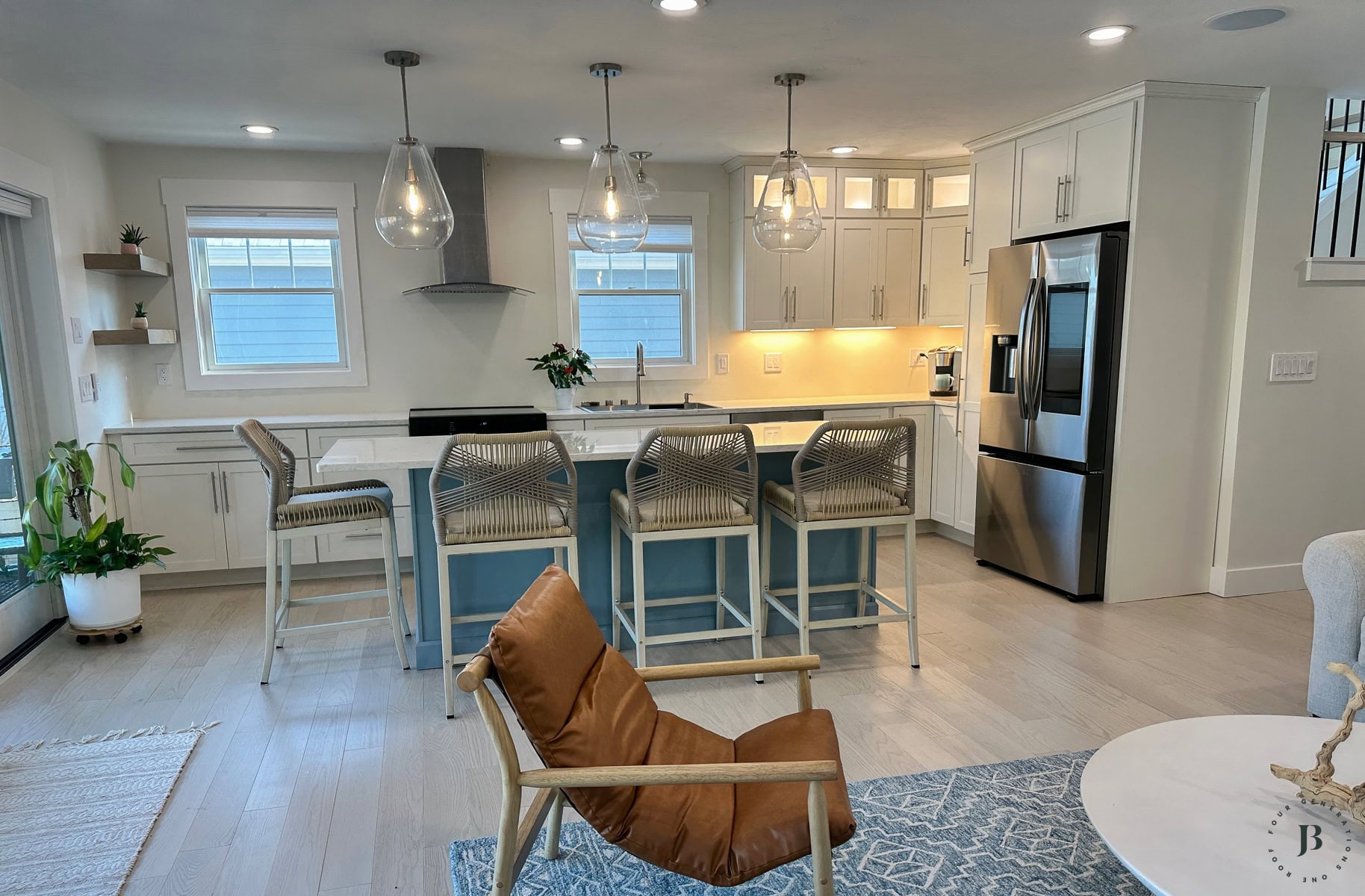 narrow kitchen with an island