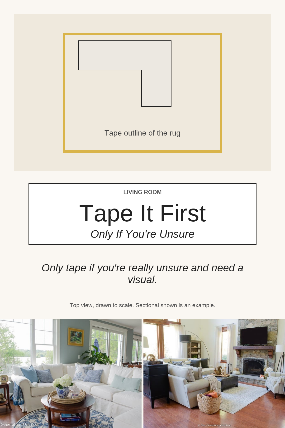 Photo collage with the text overlay "Tape It First, Only If You're Unsure": a top-view diagram of a rug outlined in tape with a sectional on it, above two living room photos.